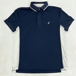 Nautica Mens Size L Polo Shirt Navy Blue White A Bit Trimmer Short Sleeve